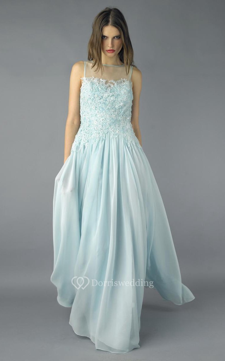 Keyhole Neckline Sleeveless Blue Chiffon Dress