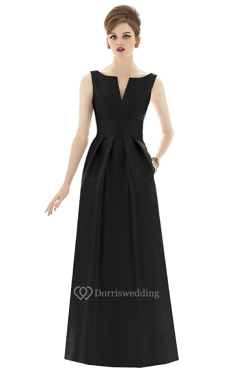 Sex Sleeveless Floor Length Satin Dress With Keyhole Back And Notched 6805