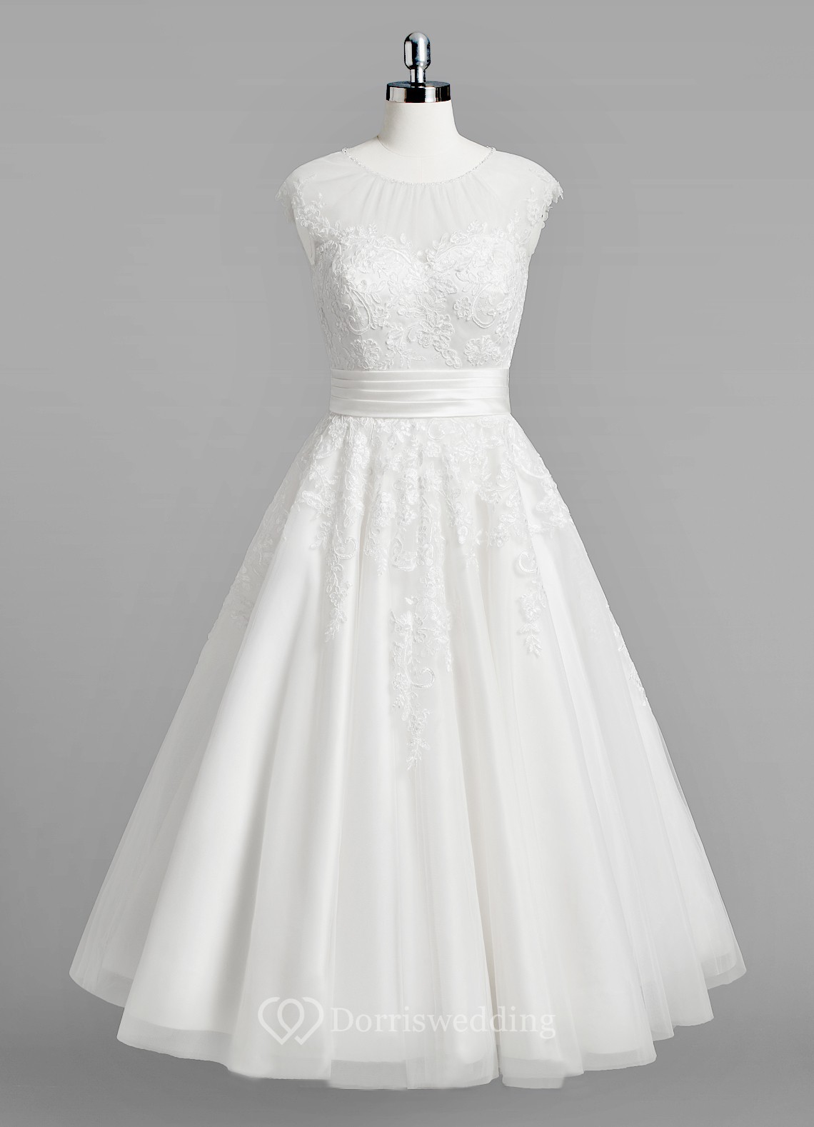 Jewel Neck Cap Sleeve ALine Lace Wedding Dress With Ruched Belt