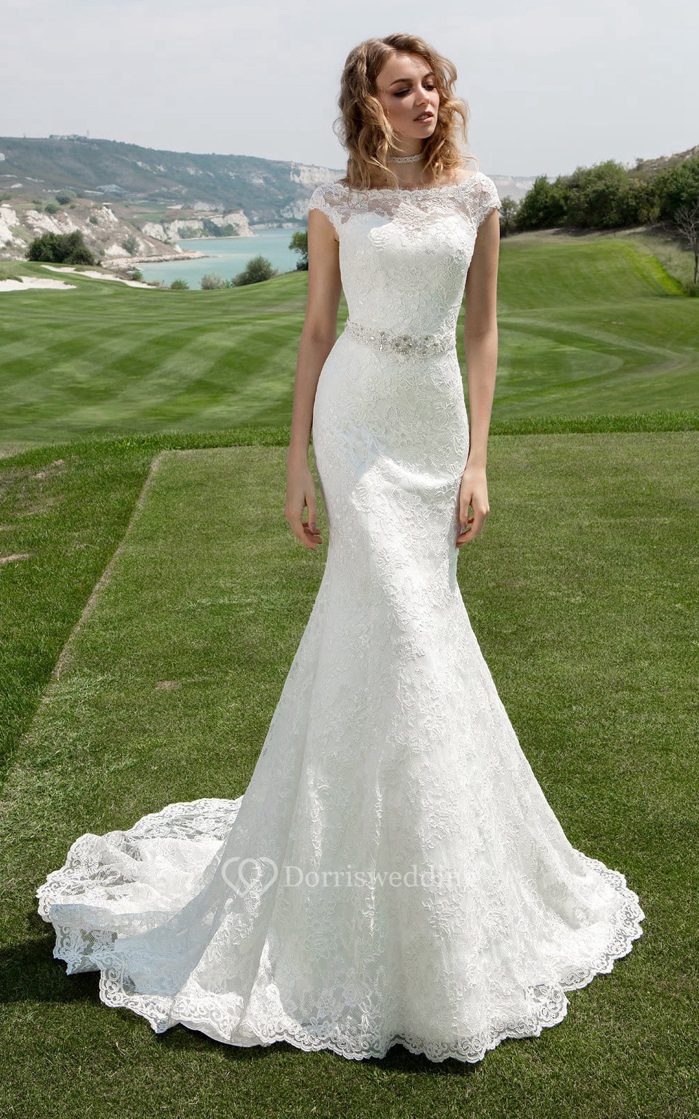 Bateau Neck Cap Sleeve Sheath Wedding Dress With Beaded