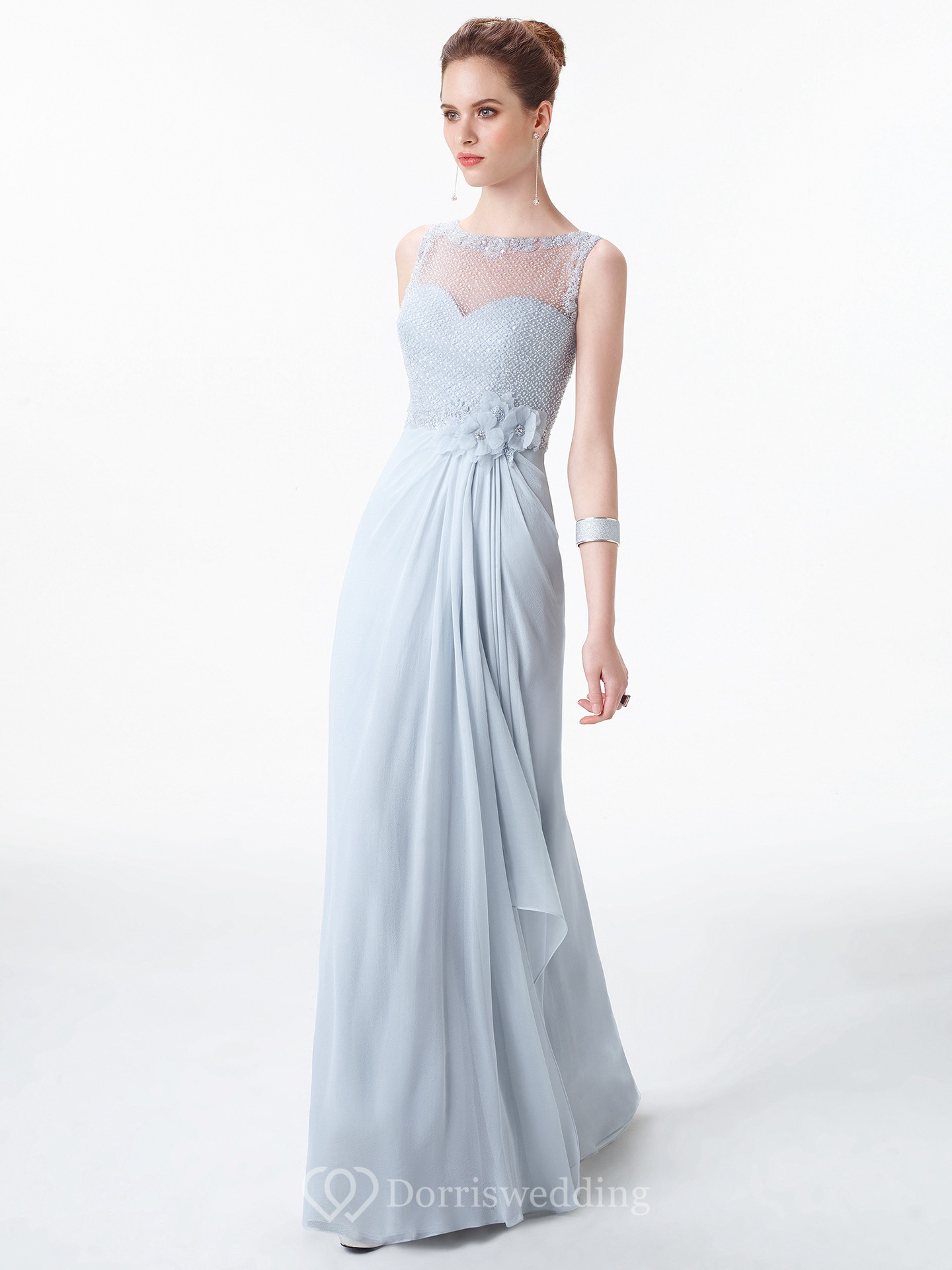 Sheath Floor-Length Bateau Neck Sleeveless Beaded Chiffon