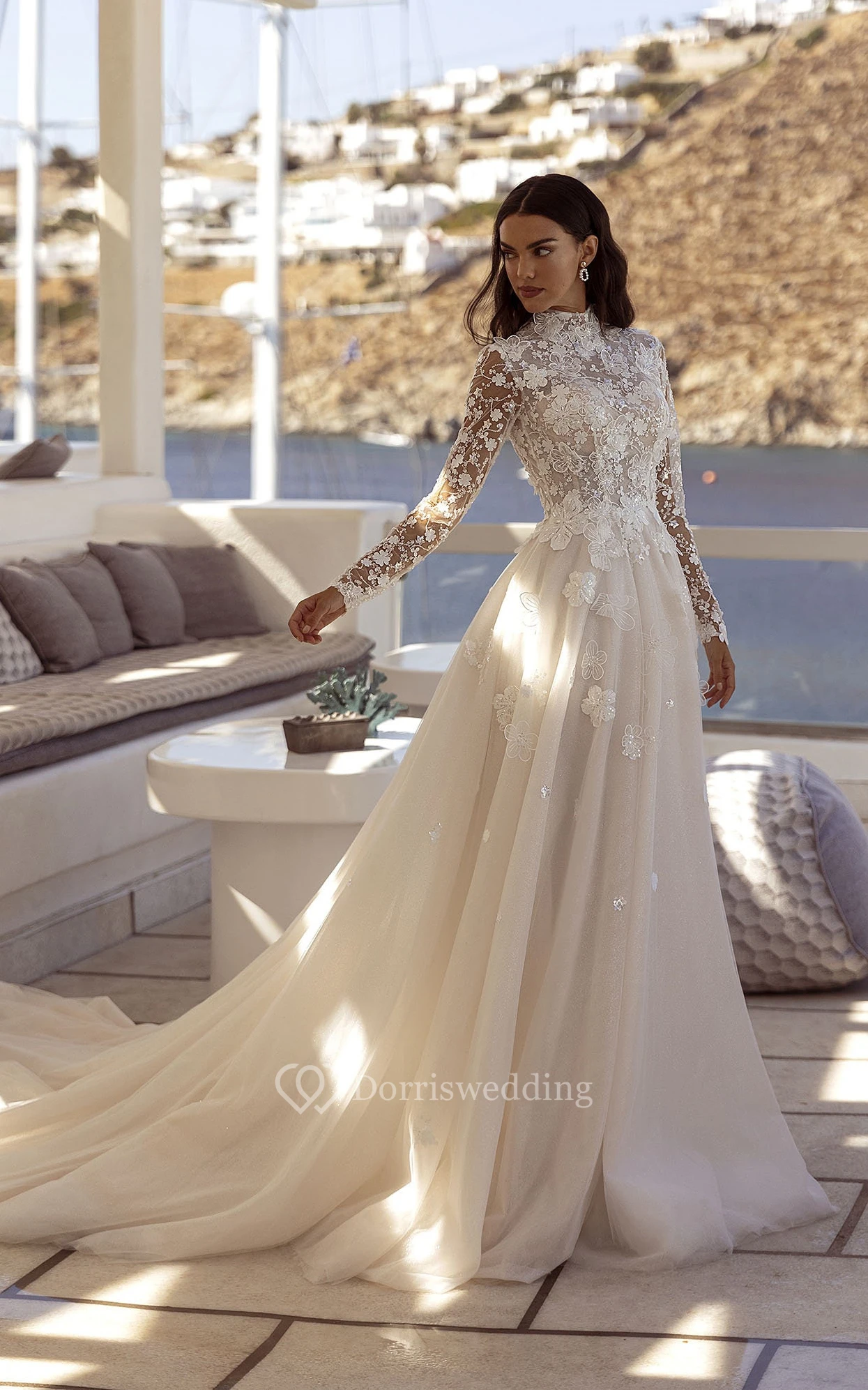 Long-Sleeve Modest Wedding Dress High Turtle Neck Lace Ivory Bridal Gown