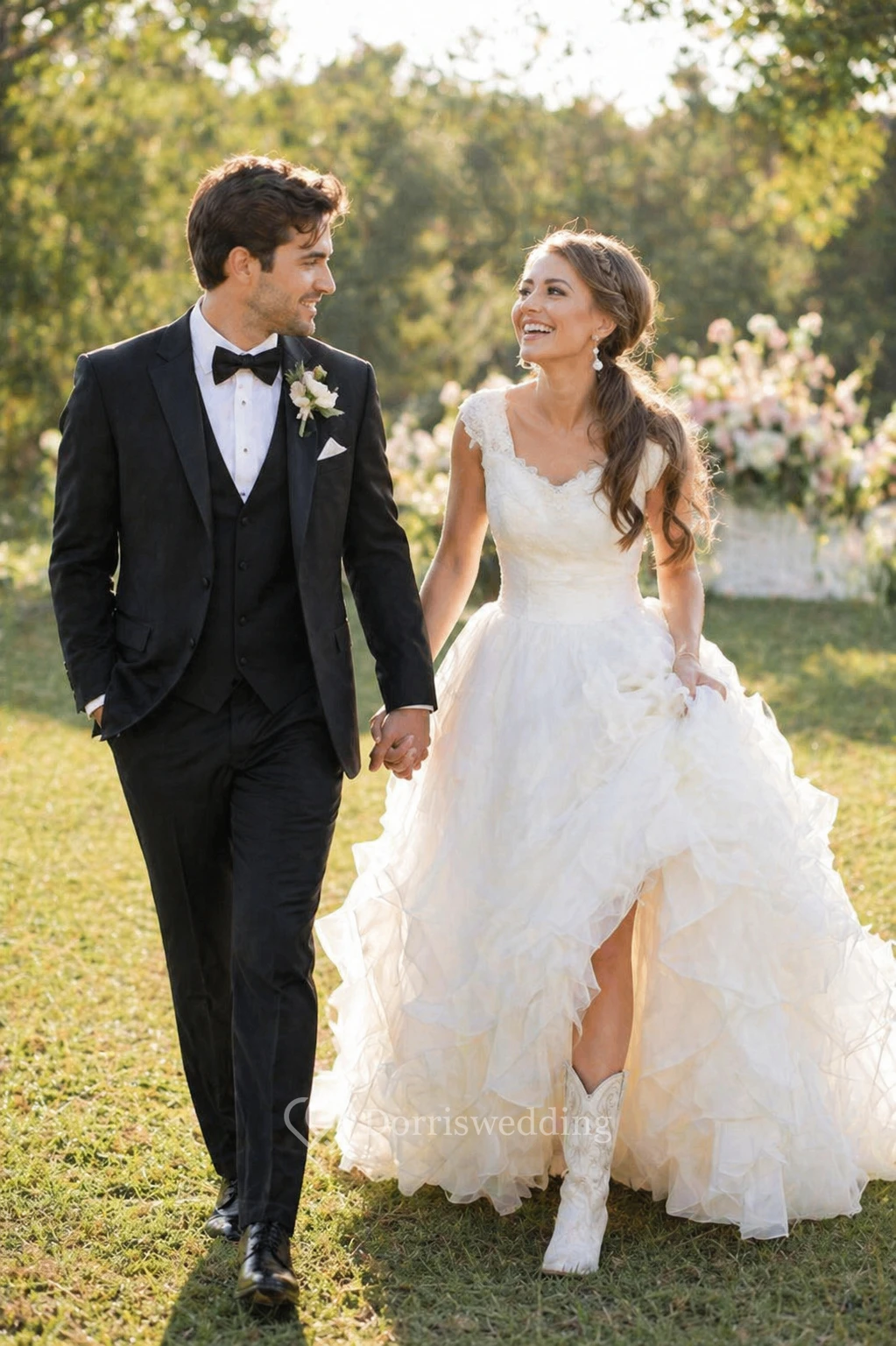 Country/Rustic Cowgirl Western Ruffles Lace Barn A-line Wedding Dress with  Boots | Dorris Wedding