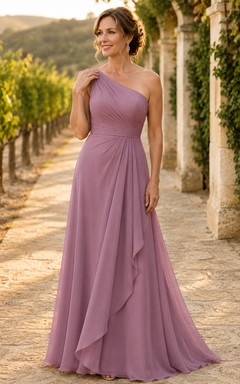 Mauvefarbenes, einseitig schulterfreies Chiffon-Kleid in A-Linie mit Schnürung am Rücken