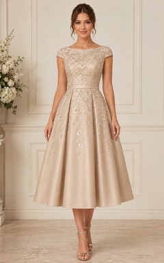 Champagne Lace Cap Sleeve Tea-Length Formal Dress