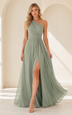 Sage Green Tall One Shoulder Pleated Chiffon Floor Length A Line Dress With Slit