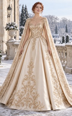 Champagne Winter Sweetheart Gold Scroll Embroidered Cape Ball Gown Wedding Dress