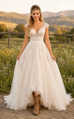 Umstandsbrautkleid, schulterfrei, Glockenärmel, Spitze, Berg-Brautkleid mit Schleppe