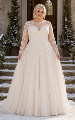 Robe de mariée grande taille à manches longues illusion en dentelle et tulle, coupe trapèze, décolleté en goutte d'eau