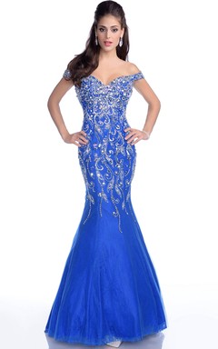 Trumpet Off-The-Shoulder Tulle V-Neck Crystal Gown With Low-V Back