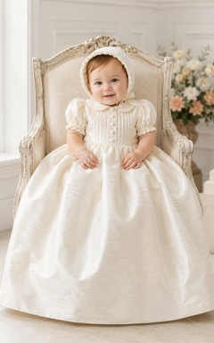Vestido de bautizo de seda dupioni, corte A, manga corta, corpiño de encaje, estilo vintage, elegante y adorable, con detalles de joyas.