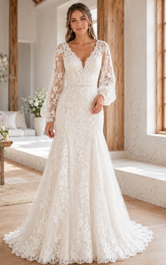 Vestido de novia bohemio de encaje estilo sirena, largo hasta el suelo, con escote en V y mangas largas