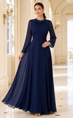 Navy High Neck Long Sleeve Pleated Chiffon Evening Dress