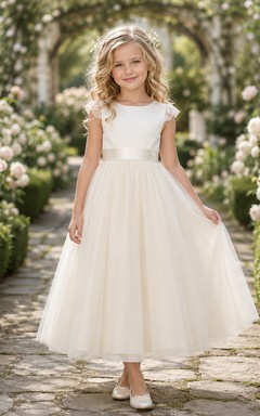 Blumenmädchenkleid aus elfenbeinfarbenem Tüllsatin, A-Linie, kurze Ärmel, Rundhalsausschnitt, Teelänge, Schleifendetail