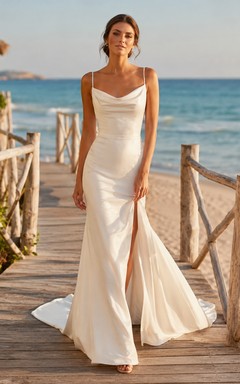 Sexy Satin Vestido Noiva Praia Sheath Cowl Neck Spaghetti Backless Split Train
