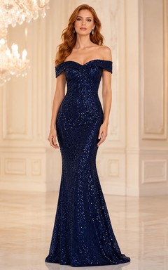Dunkelblaues Pailletten-Meerjungfrauenkleid mit schulterfreiem Look, Reißverschluss hinten