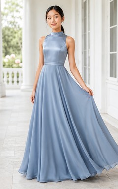 Stahlblaues Brautjungfernkleid für junge Damen, A-Linie, hoher Kragen, ärmellos