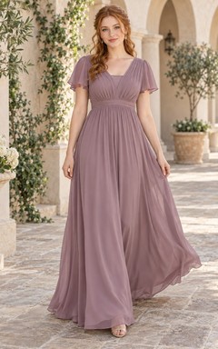 Vestido de dama de honor largo hasta el suelo, de gasa fruncida, con escote en V y mangas con volantes, color malva discreto.