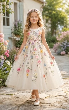 Romantisches, böhmisches Blumenmädchenkleid aus Tüll in A-Linie mit ärmellosem Oberteil und langem Rock
