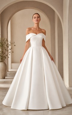 Princess Off-Shoulder Pleated Satin Ball Gown Floor-Length Formal Wedding Dress