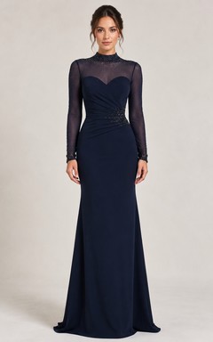 Modest Navy Formal Dress with Long Sleeves Illusion Sheath Evening Gown