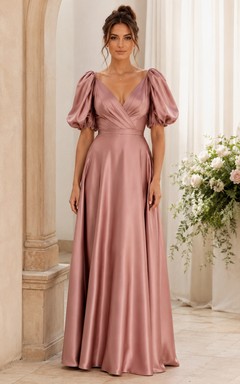 Dusty Rose V-neck Puff Sleeve Satin Bridesmaid Dress