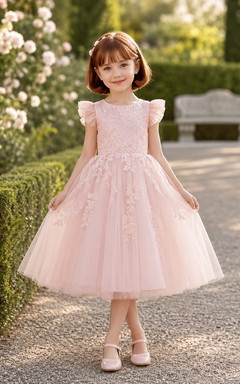 Blumenmädchenkleid aus rosafarbener Spitze und Tüll, A-Linie, flatternde Ärmel, Rundhalsausschnitt, Teelänge