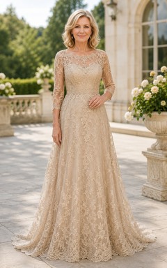 Champagnerfarbenes, langärmeliges A-Linien-Kleid aus Spitze mit Schleppe für die Mutter des Bräutigams
