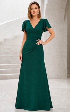 Vestido de noche formal largo hasta el suelo, de gasa plisada, con escote en V, mangas tipo pétalo y color verde oscuro.