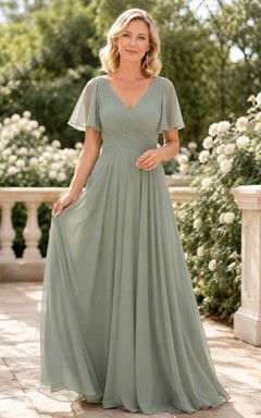 Dusty Sage Floor-Length A-Line Elegant Mother of the Bride Chiffon Gown with V-Neck Flutter Sleeves