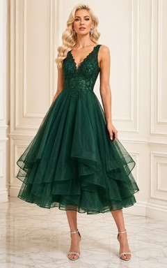 Robe de soirée vert foncé luxueuse, longueur thé, col en V, bretelles et dentelle superposée, idéale pour les 16 ans.