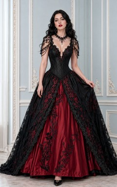 Black Red Lace V-neck Cap Sleeve Gothic Ball Gown Romantic Evening Dress