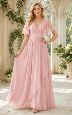 Formelles, bodenlanges Chiffonkleid mit V-Ausschnitt, flatternden Ärmeln und drapiertem A-Linien-Schnitt