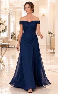 Dark Navy Off Shoulder Lace Ruched Chiffon A-Line Floor Mother Quinceanera Gown