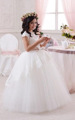 Robe de bal princesse à col festonné en tulle et dentelle pour demoiselle d'honneur
