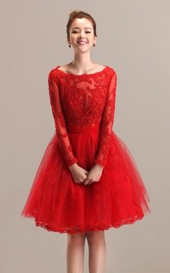 Lace and Tulle A-line Bateau Knee Length Dress with Pleats