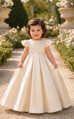 Robe de baptême simple en satin mat champagne, coupe trapèze, manches courtes