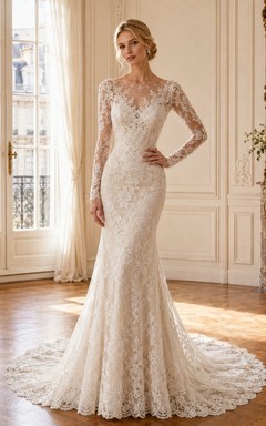 Elegantes, langärmeliges Meerjungfrauen-Brautkleid mit hohem Kragen, Spitze und Schleppe