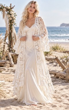 Boho Bell Sleeve Floral Lace Long Jacket Bridal Slip Dress Ensemble