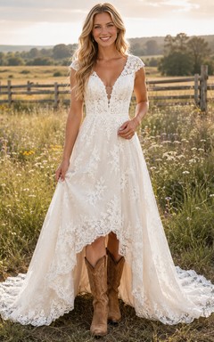 Robe de mariée de maternité, épaules dénudées, manches papillon, dentelle et tulle, style champêtre avec traîne
