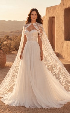 Boho Lace Cape A-Line Wedding Dress