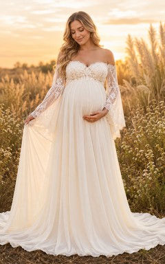 Vestido de novia de encaje campestre, corte en A, hombros descubiertos, manga larga, cola capilla, espalda descubierta.