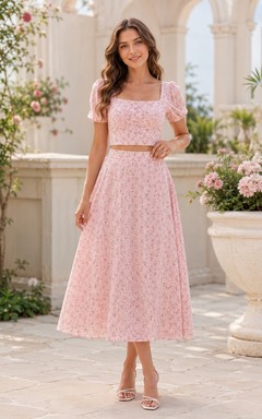 Blushing Pink Square-Neck Puff-Sleeve Lace Two-Piece Tea-length Floral Romantic Guest Dress