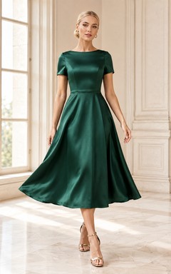 Dunkelgrünes, juwelenfarbenes, kurzärmeliges, plissiertes Vintage-Teegastkleid aus Satin, das an ein Kleid