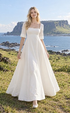 Einfaches Brautkleid mit eckigem Ausschnitt, halben Ärmeln, A-Linie und Knöchellänge