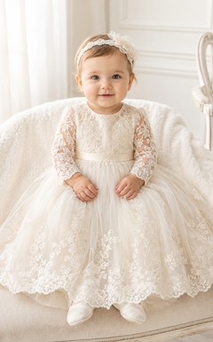 Long Sleeve Christening Dress A-Line Lace Tulle High Neck Tea-Length