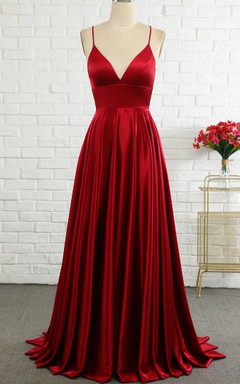 Vestido de noche sexy de corte A, de satén cepillado, con cola, sin mangas y espalda descubierta con pliegues.