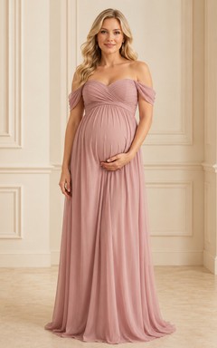Elegantes, formelles Umstandskleid in Altrosa mit Empire-Muster, bodenlang, schulterfrei, kurzärmelig, aus Chiffon, romantisch und elegant – perfekt für Brautjungfern und Gäste beim Empfang.