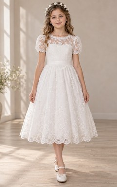 Modest White Tea-length Illusion Neck Short Sleeve Scalloped Lace Communion Dress