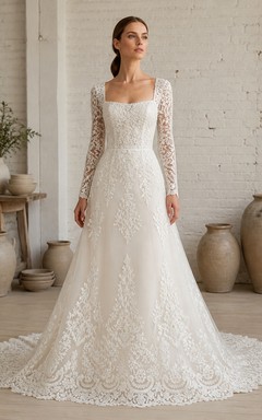 Vestido de novia modesto de manga larga, corte A, escote cuadrado, encaje floral de cerámica y cola de capilla
